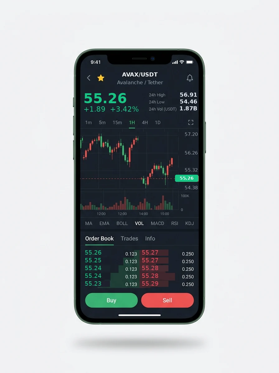 Oryx Arabia — BTC/USDT live candlestick chart, order book and one-tap Buy/Sell on mobile